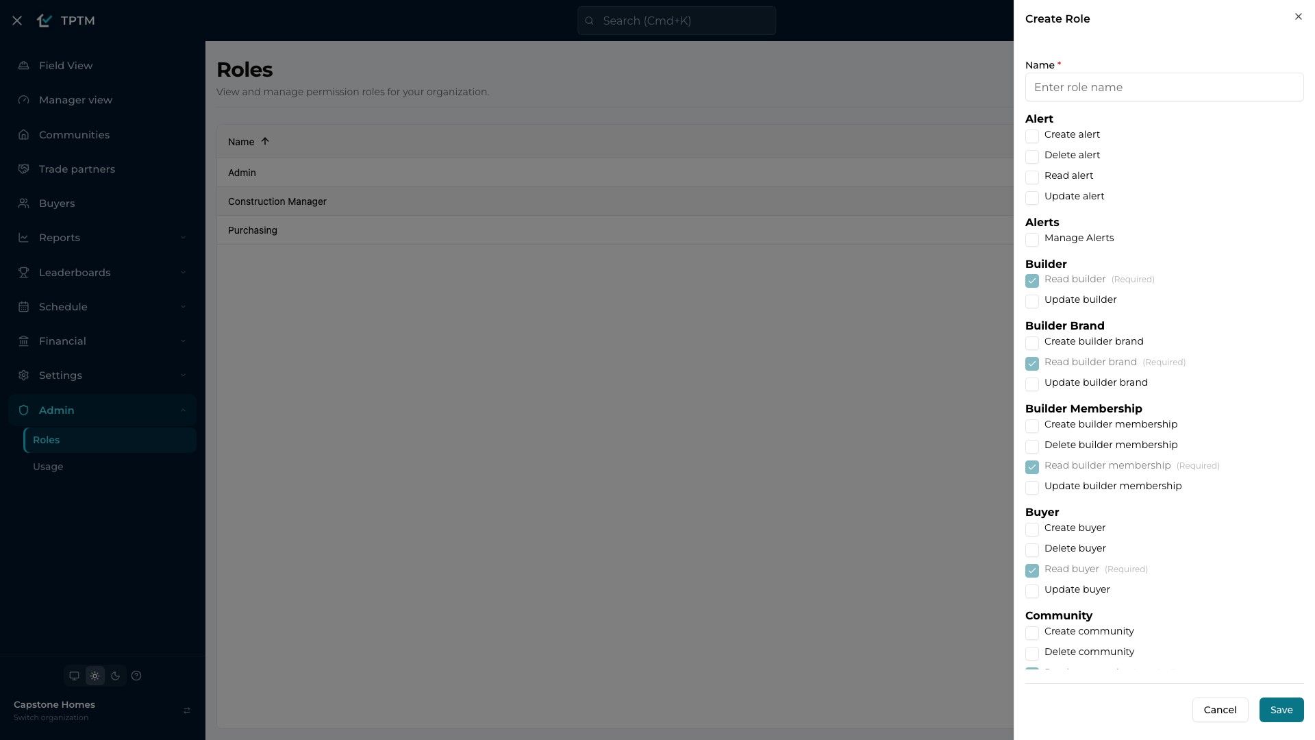 Creating a role in TPTM's Admin → Roles: a permission checklist grouped by area, with only the required read permissions pre-selected and every create, update and delete permission left off.