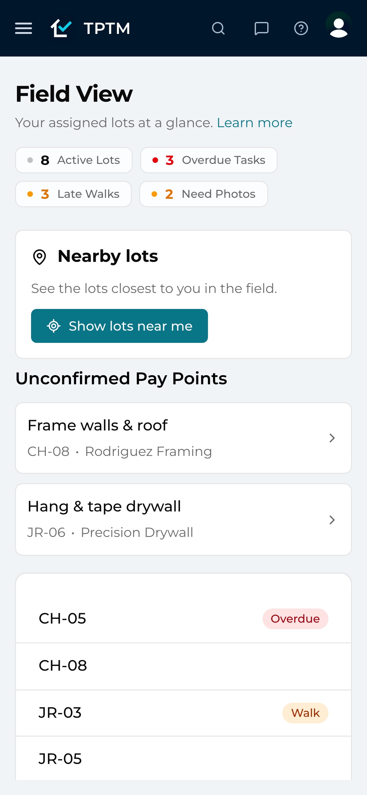 TPTM's Field View on a phone for Capstone Homes: counts of active lots, overdue tasks, late walks and lots needing photos, followed by unconfirmed pay points by lot and trade partner.