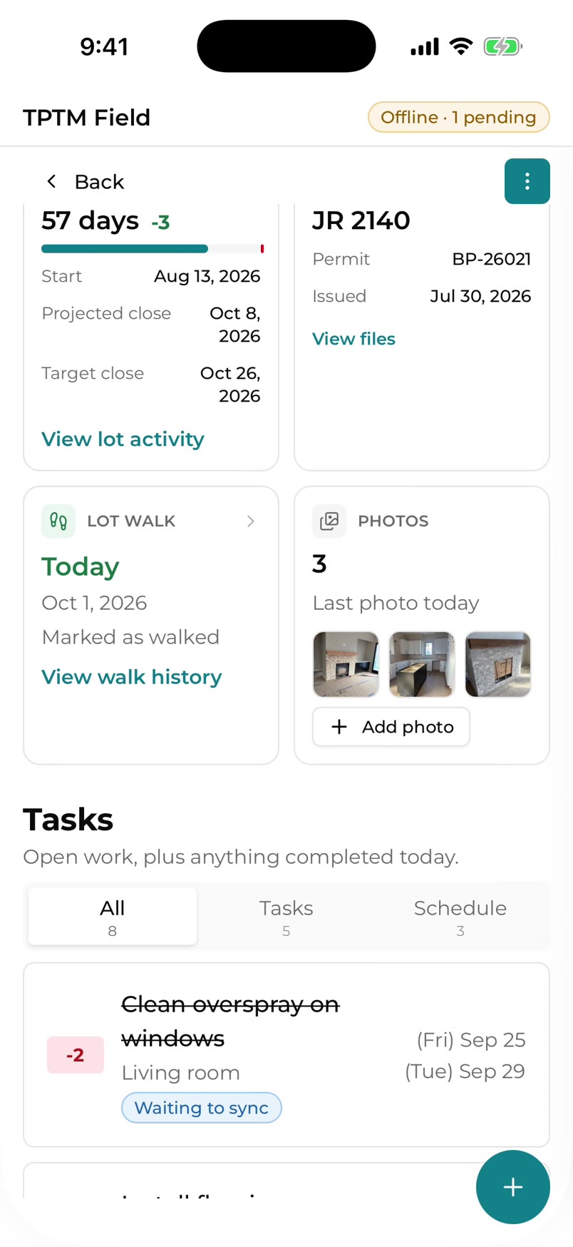 The TPTM Field app on an iPhone with no connection, open on demo lot JR-03: the sync chip reads Offline · 1 pending, a just-completed task “Clean overspray on windows” is struck through and tagged Waiting to sync, and the lot’s timeline, plan, walk and photo tiles are still on screen.