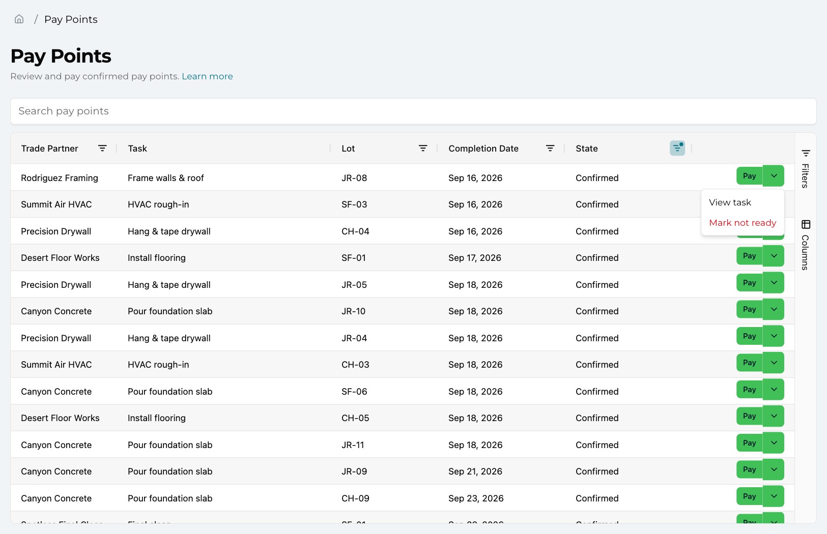 The Pay Points list with a row's action menu open, offering View task and Mark not ready beside the green Pay button.