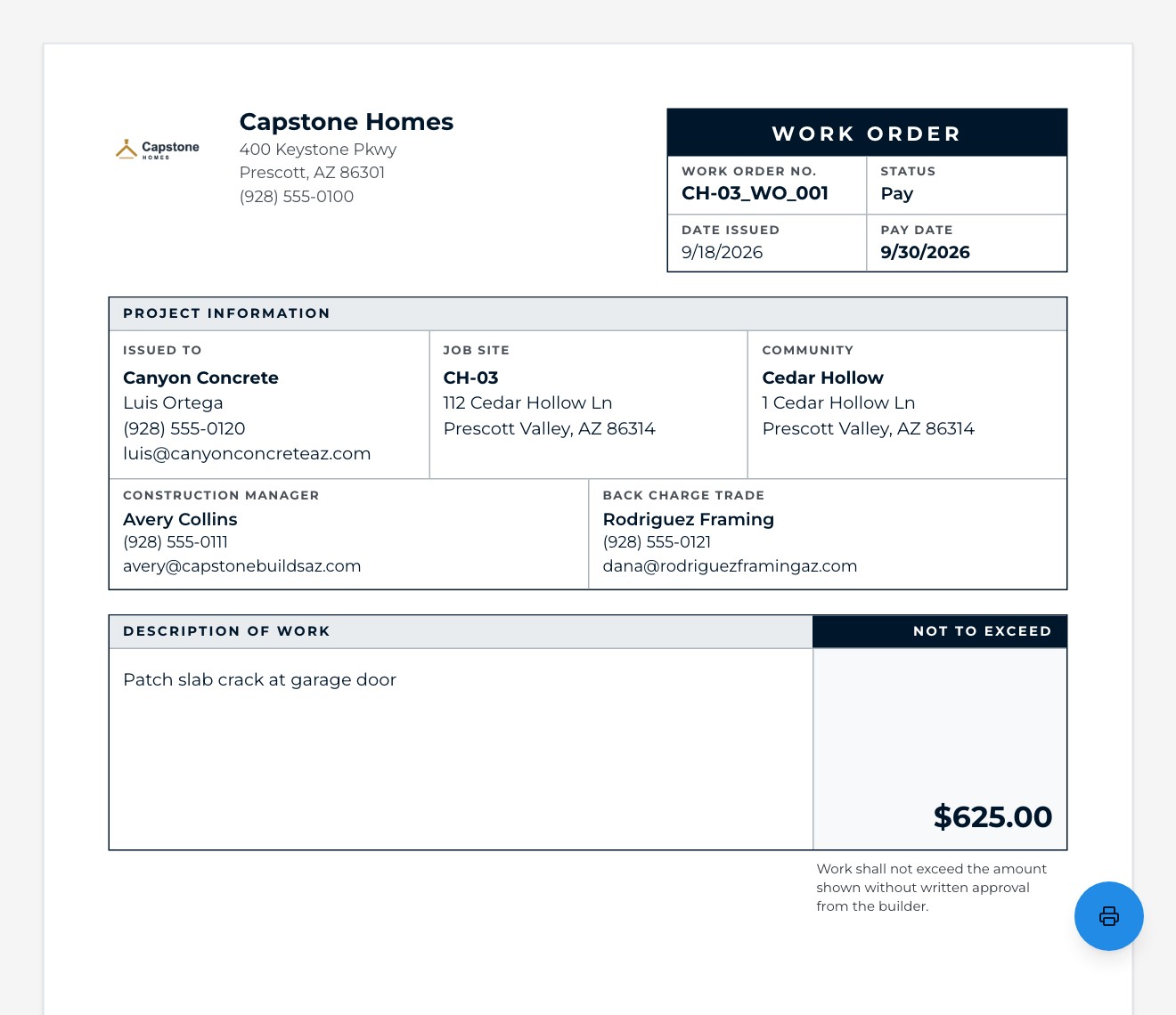A printed Capstone Homes work order, CH-03_WO_001, in Pay status with its pay date, issued to Canyon Concrete for a slab crack, back-charged to Rodriguez Framing, not to exceed $625.00.