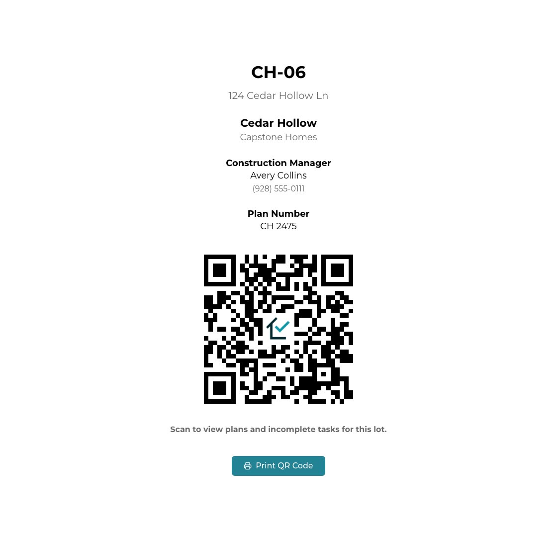 The printable QR sheet for Cedar Hollow CH-06: address, Capstone Homes, Construction Manager Avery Collins with a phone number, plan number CH 2475 and a large QR code.
