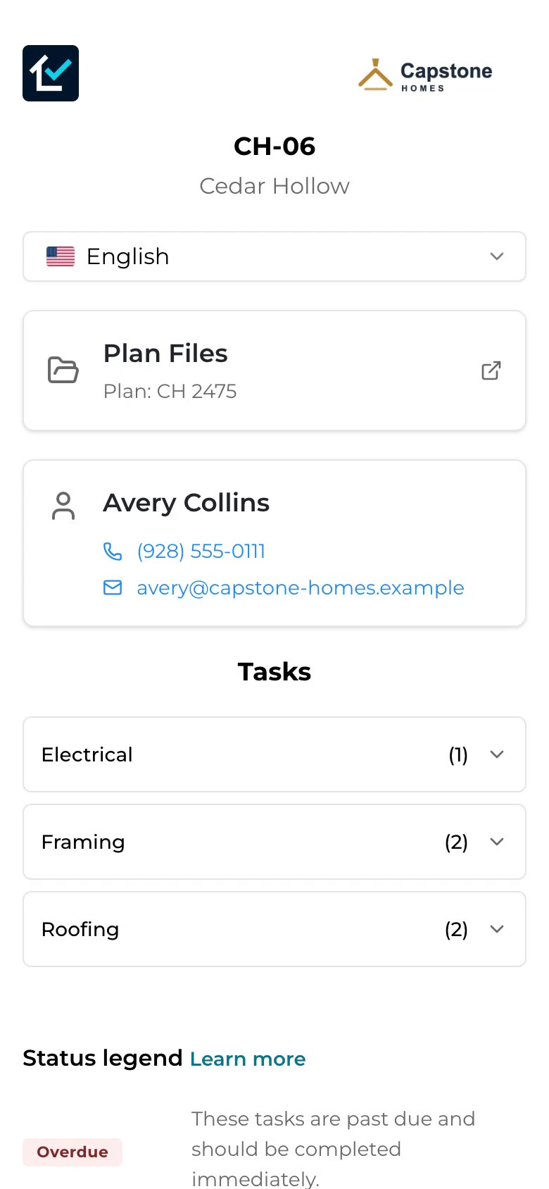 The scanned lot page on a phone: Capstone Homes logo, CH-06 in Cedar Hollow, a Plan Files card for plan CH 2475, Avery Collins with phone and email, and open tasks grouped by trade, each with its count (Electrical, Framing and Roofing).
