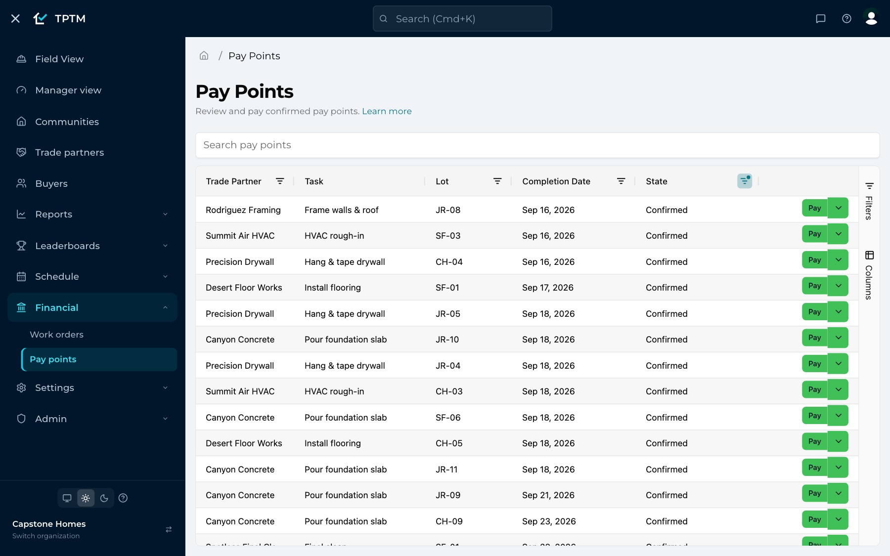 TPTM's Pay Points list for Capstone Homes: confirmed pay points by trade partner, task, lot and completion date, each with a Pay button, and a search box above the table.