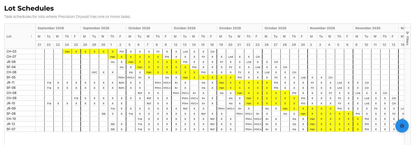 The public Schedule Calendar for Precision Drywall: a row per lot, weekly columns of work days, and the drywall crew's hang-and-tape days highlighted in yellow.