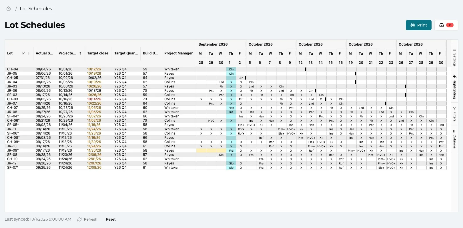 The TPTM overall timeline for the Capstone Homes demo builder: a row per lot with its start, projected close, target close, target quarter, build days and project manager, beside a day-by-day grid of task codes grouped by week.