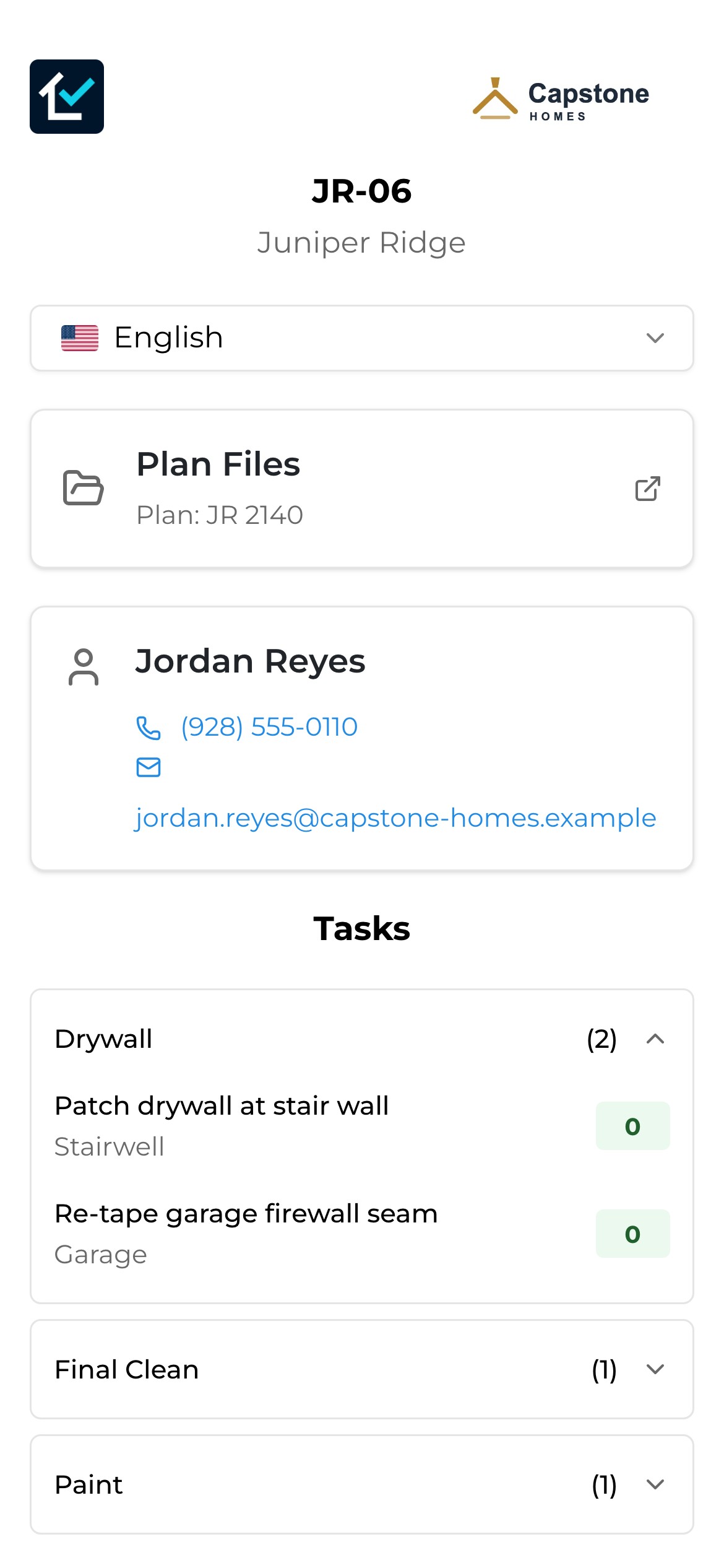 The same lot page for JR-06 in Juniper Ridge in English. Under Tasks, the Drywall group shows Patch drywall at stair wall, in Stairwell, and Re-tape garage firewall seam, in the Garage location.