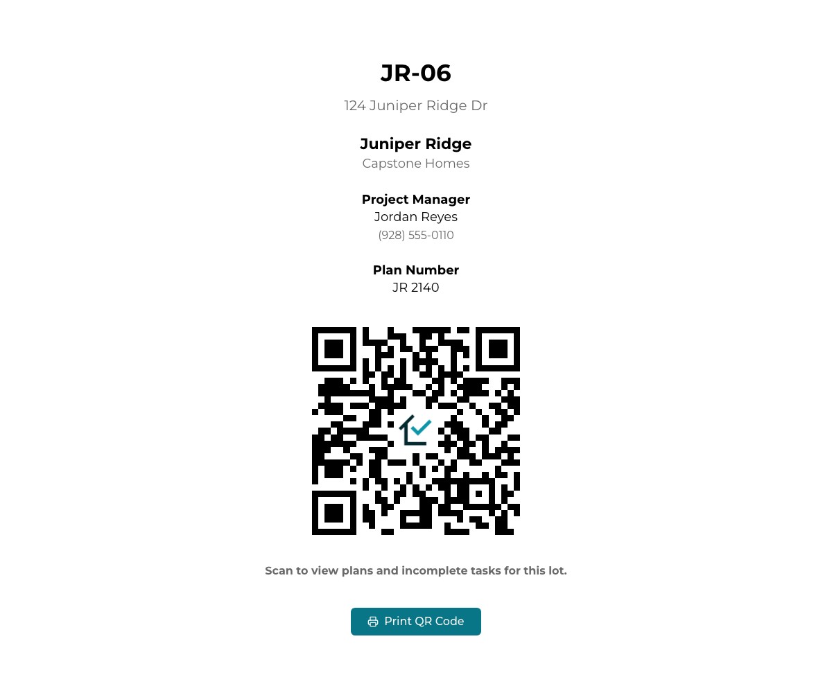 The printable QR sign for JR-06 at 124 Juniper Ridge Dr, Juniper Ridge, Capstone Homes. It shows Project Manager Jordan Reyes with a phone number, plan number JR 2140, a QR code, the instruction Scan to view plans and incomplete tasks for this lot, and a Print QR Code button.