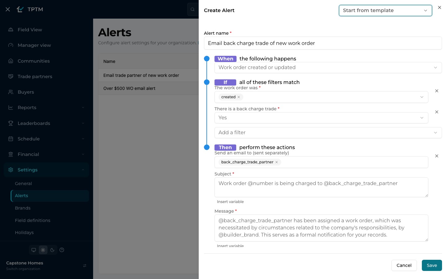 The Create Alert panel in Capstone Homes' settings, started from the 'Email back charge trade of new work order' template: when a work order is created and there is a back-charge trade, email the back-charge trade partner.