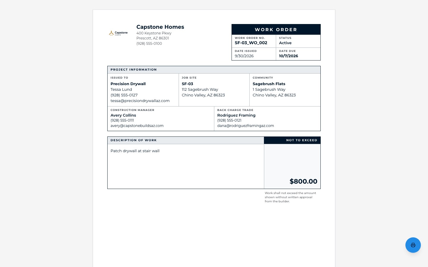Capstone Homes' printable work order SF-03_WO_002: issued to Precision Drywall for Sagebrush Flats SF-03, Construction Manager Avery Collins, back charge trade Rodriguez Framing, 'Patch drywall at stair wall', $800.00 not to exceed.