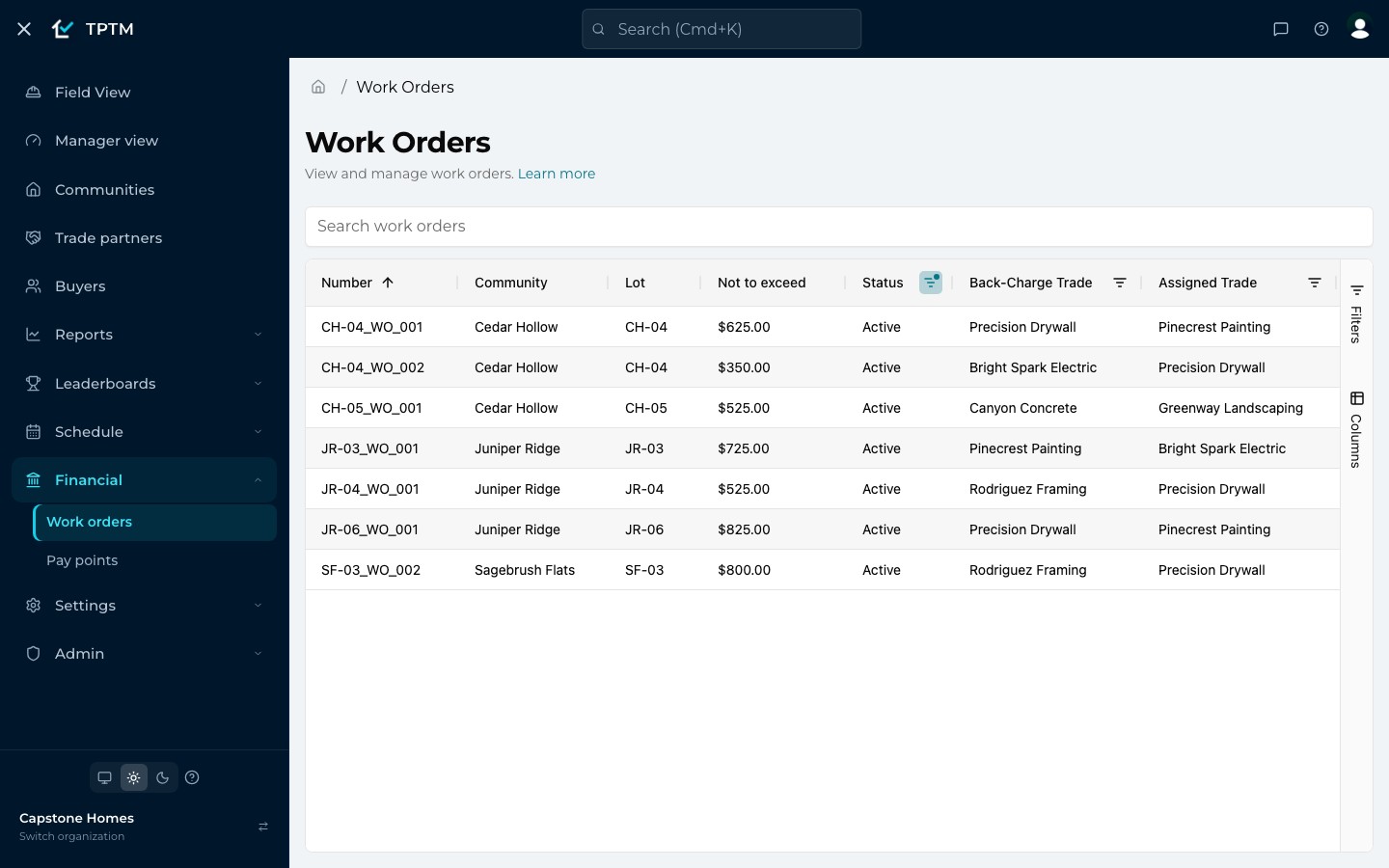 The Capstone Homes Work Orders list: number, community, lot, not-to-exceed amount, status, back-charge trade, assigned trade and task for each active work order.